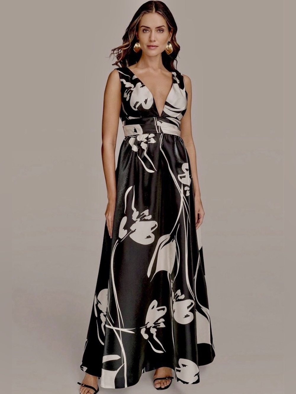 Donna Karan Black and White Floral Deep V Gown